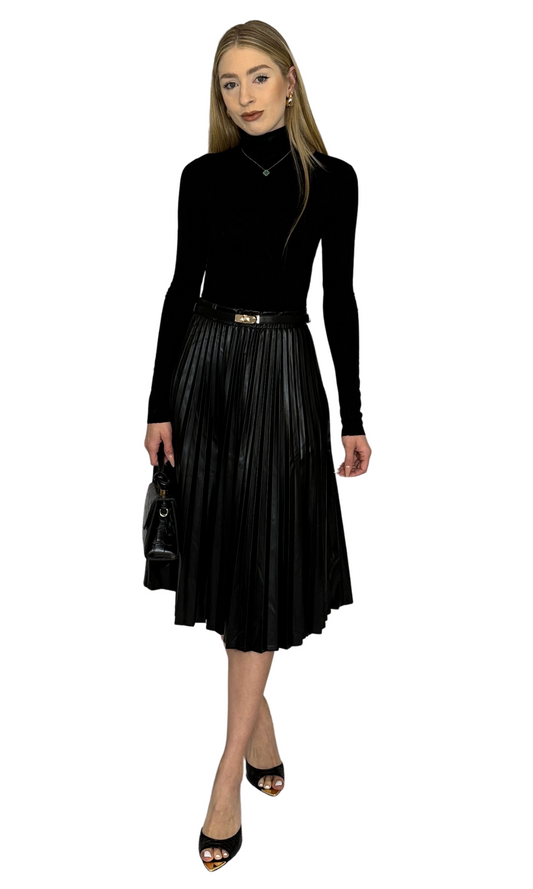 Women's high-rise faux leather midi skirt with pleated design, elastic waistband, and side zipper – elegant solid color piece for chic outfits