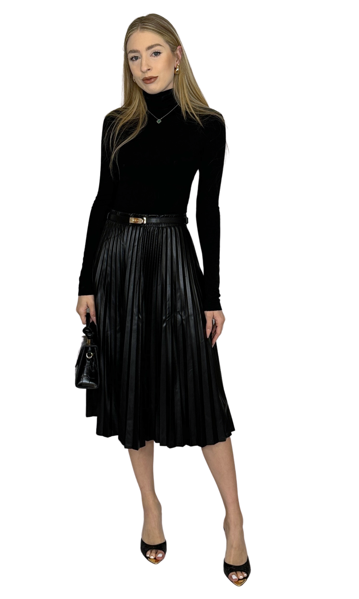 Women's high-rise faux leather midi skirt with pleated design, elastic waistband, and side zipper – elegant solid color piece for chic outfits