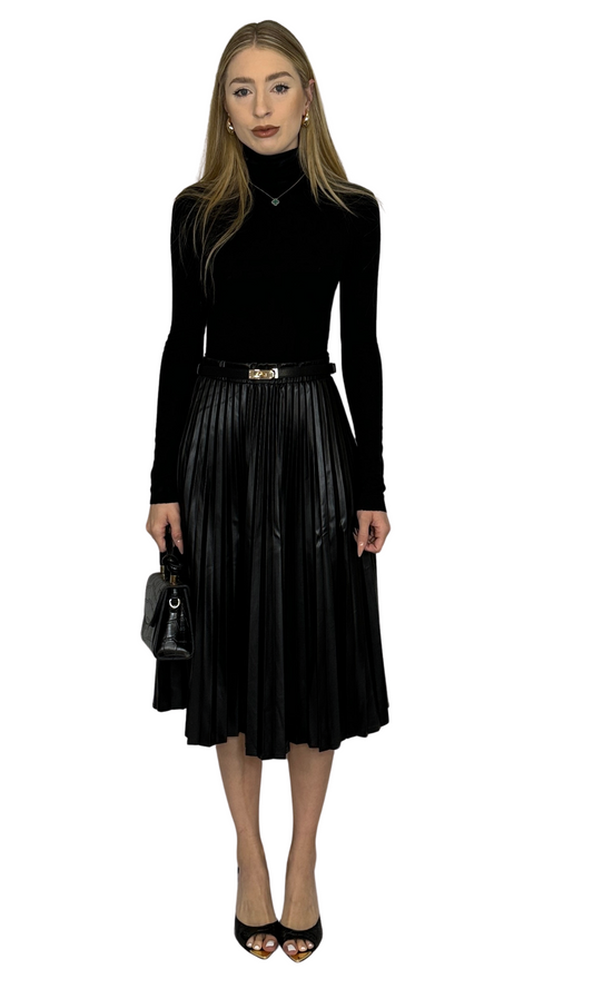 Women's high-rise faux leather midi skirt with pleated design, elastic waistband, and side zipper – elegant solid color piece for chic outfits