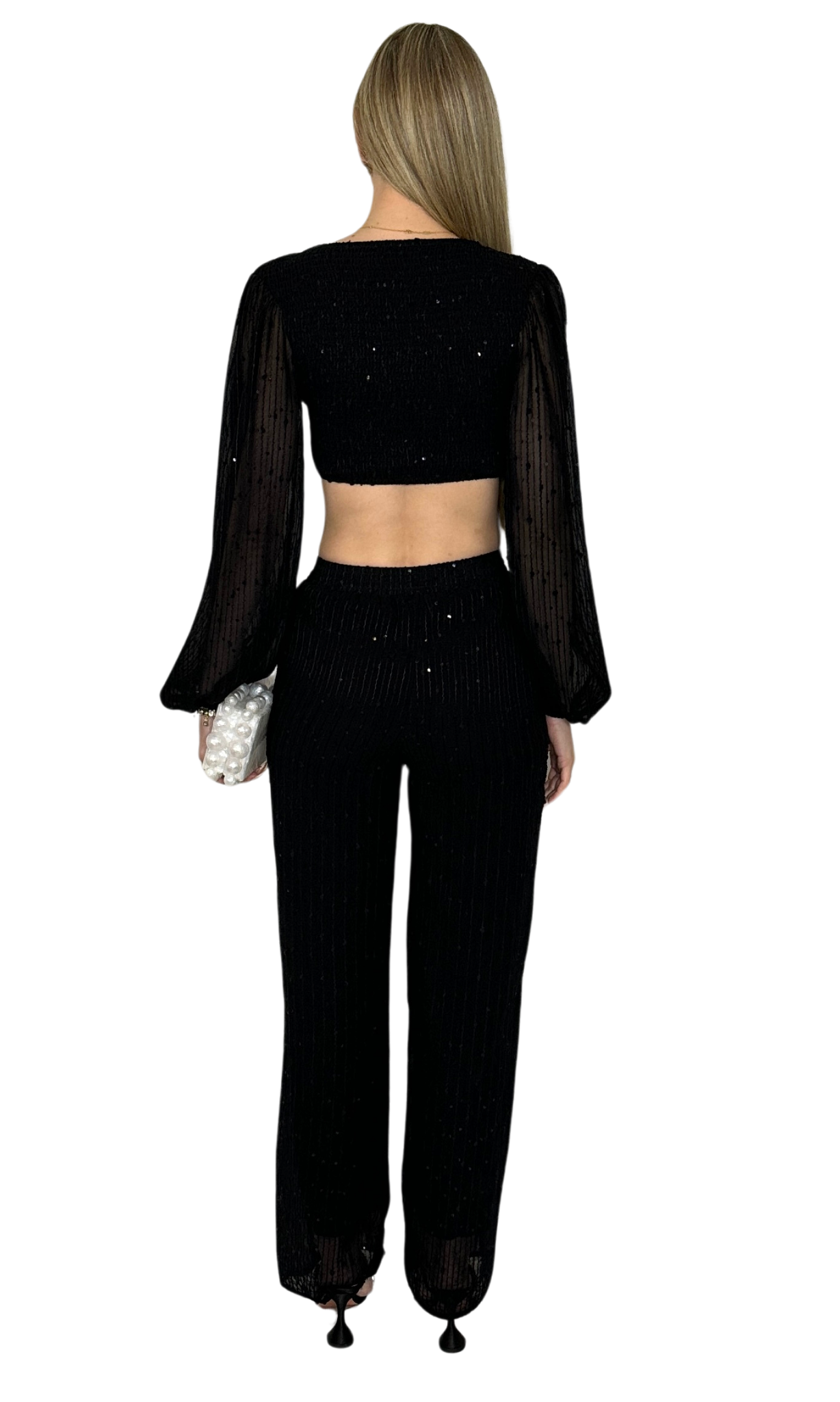 Women's semi-sheer sequin two-piece set with crop top and wide-leg pants – features billowy sleeves, smocked back, and elastic waist for versatile styling