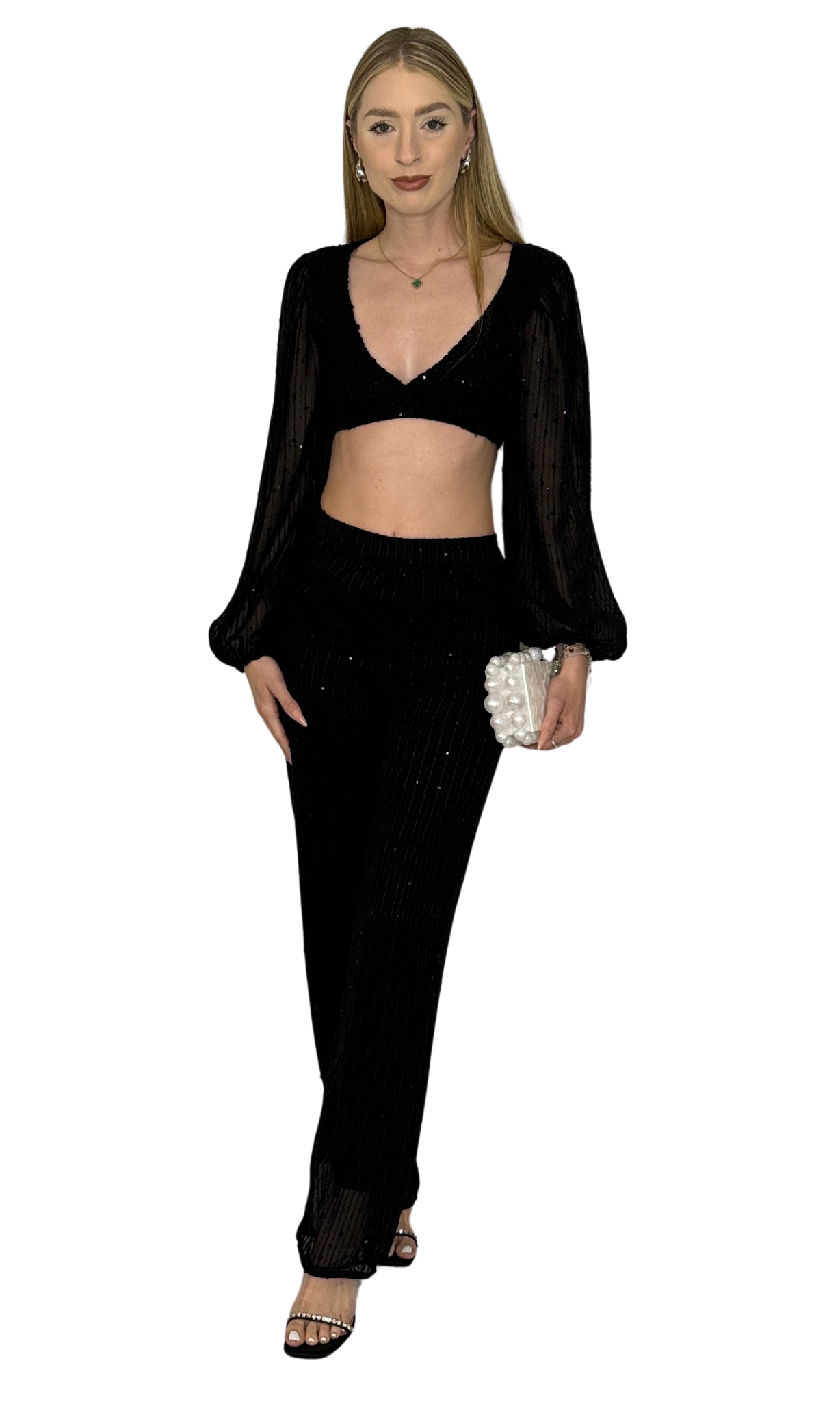 Women's semi-sheer sequin two-piece set with crop top and wide-leg pants – features billowy sleeves, smocked back, and elastic waist for versatile styling