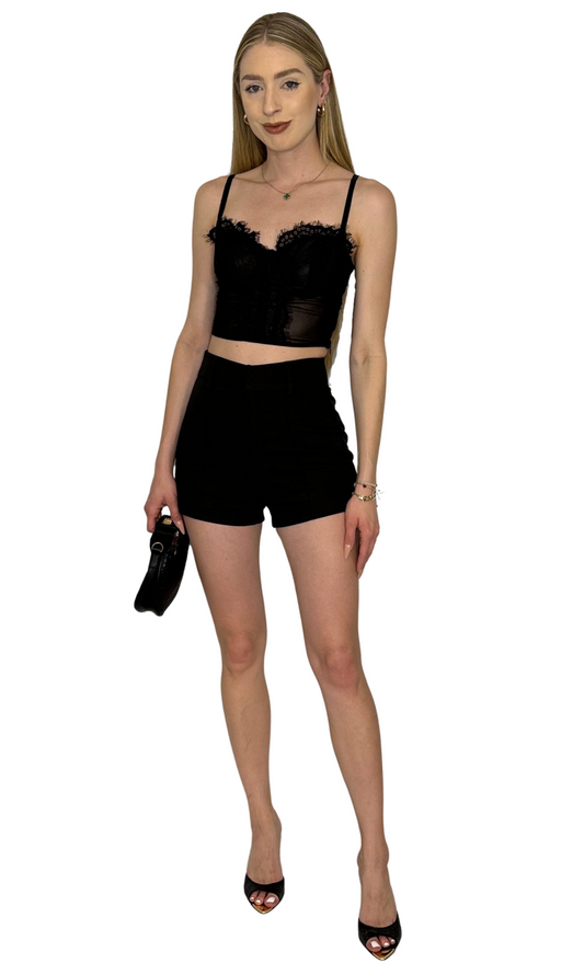 Sheer black lace corset-style tank top featuring lace details along the bust, underwire support, adjustable straps, and a side zipper for a fitted, confident look.