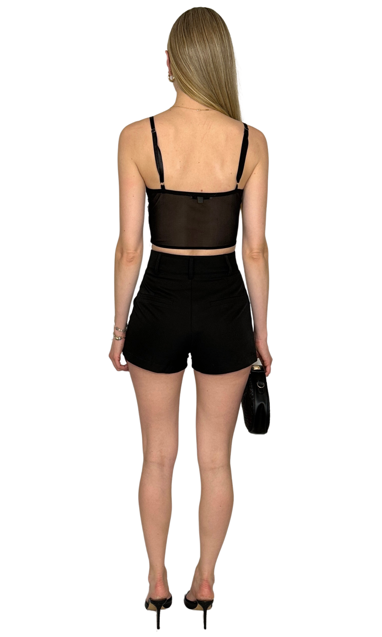 Sheer black lace corset-style tank top featuring lace details along the bust, underwire support, adjustable straps, and a side zipper for a fitted, confident look.