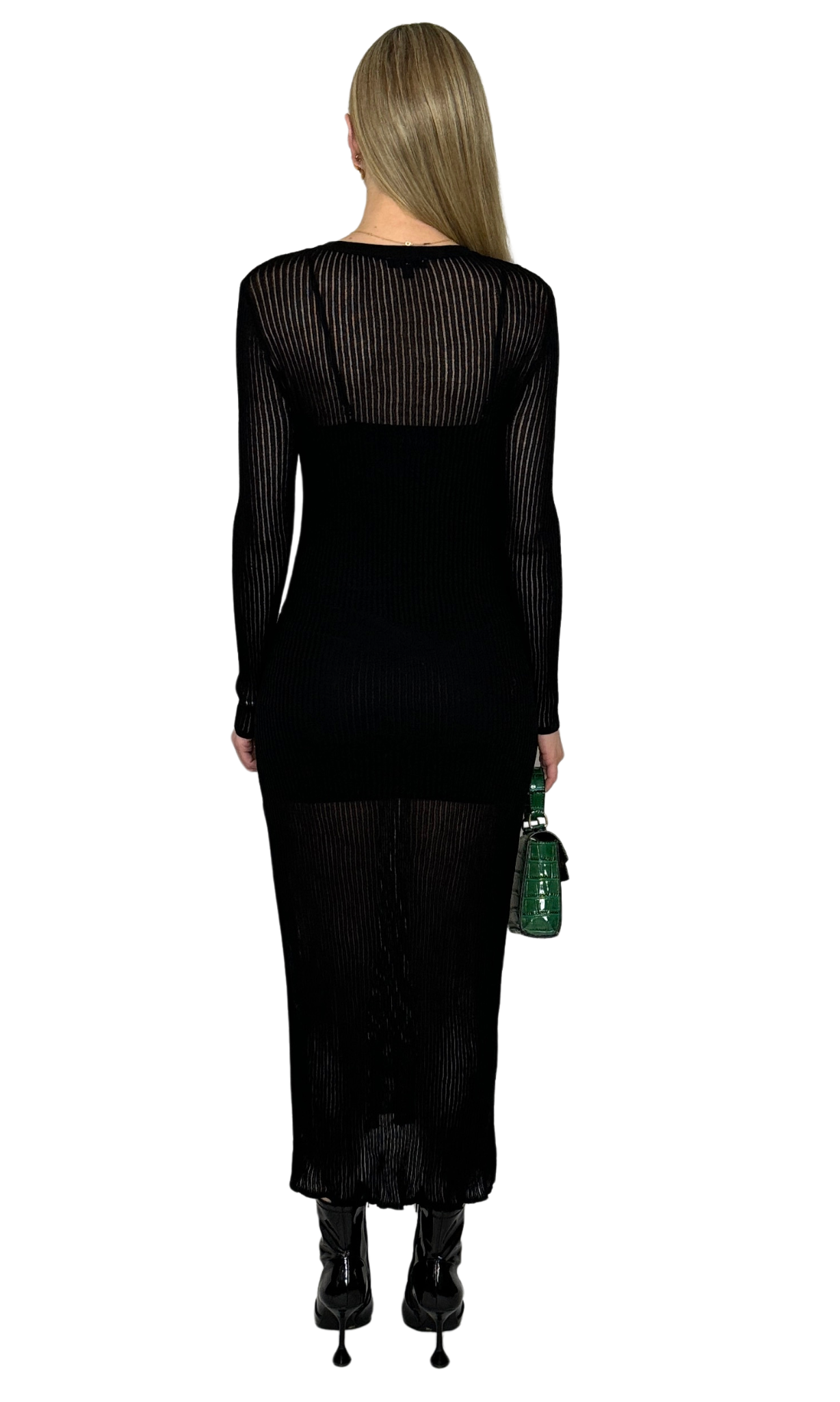 Sheer ribbed knit black midi dress with side slit and detachable slip – elegant and versatile styling option
