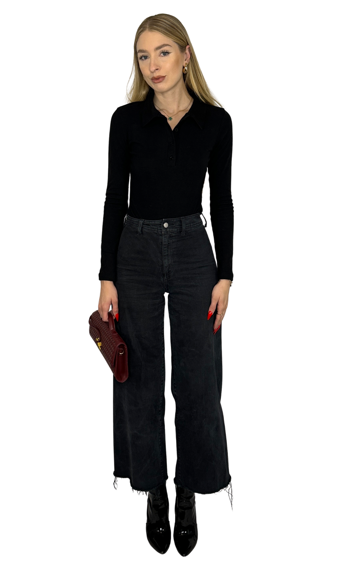 Sloan Bodysuit in black featuring a collared V-neckline, front button details, and long sleeves. Made from soft brushed fabric with a snap button closure for easy wear. A sleek, polished piece perfect for sophisticated, everyday looks.