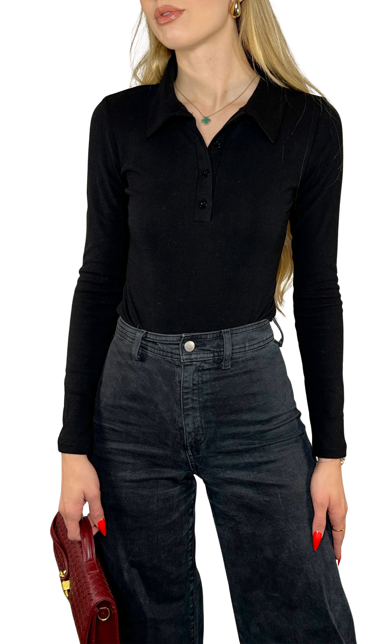 Sloan Bodysuit in black featuring a collared V-neckline, front button details, and long sleeves. Made from soft brushed fabric with a snap button closure for easy wear. A sleek, polished piece perfect for sophisticated, everyday looks.