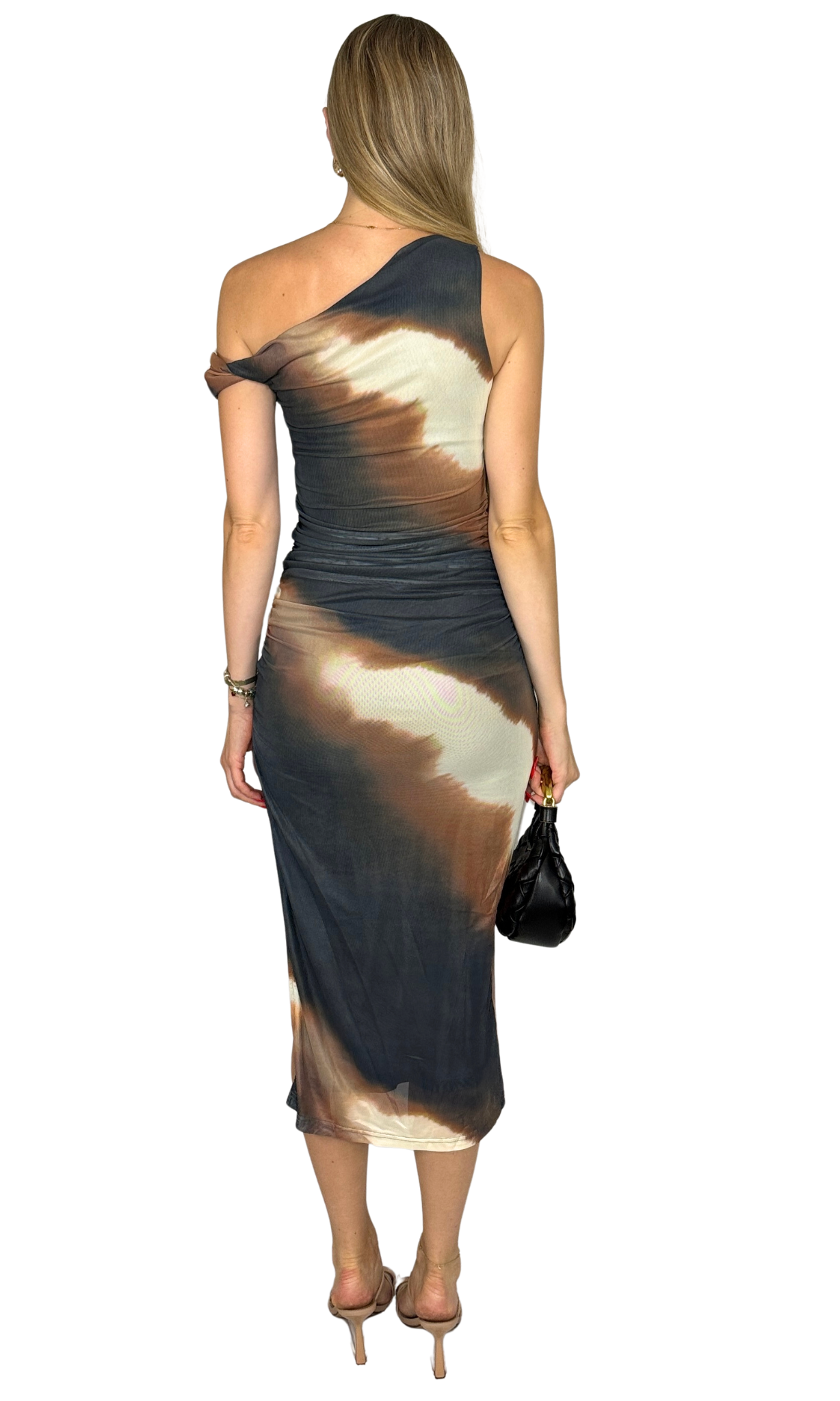 One-shoulder sheer mesh midi dress with gathered off-shoulder detail, ruched bodycon fit, and high side sli