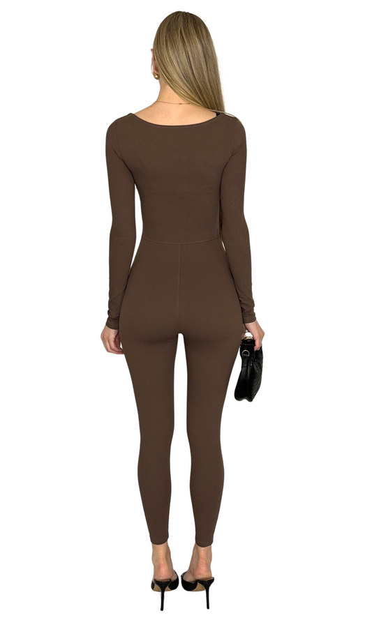 Square neck long sleeve jumpsuit made from buttery soft fabric with removable bust padding for comfort and style.