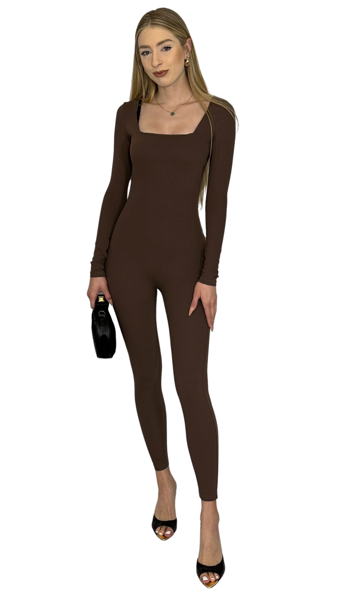 Square neck long sleeve jumpsuit made from buttery soft fabric with removable bust padding for comfort and style.