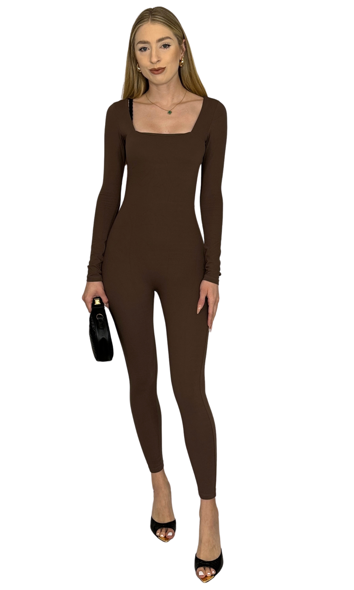 Square neck long sleeve jumpsuit made from buttery soft fabric with removable bust padding for comfort and style.
