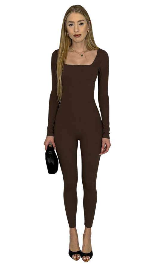 Square neck long sleeve jumpsuit made from buttery soft fabric with removable bust padding for comfort and style.