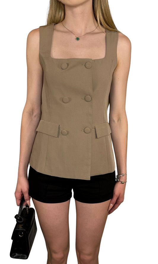 Sleeveless tailored top featuring a square neckline and button-down bustier-style bodice, crafted from high-quality materials for a modern and versatile look — the Emery Tailored Top.