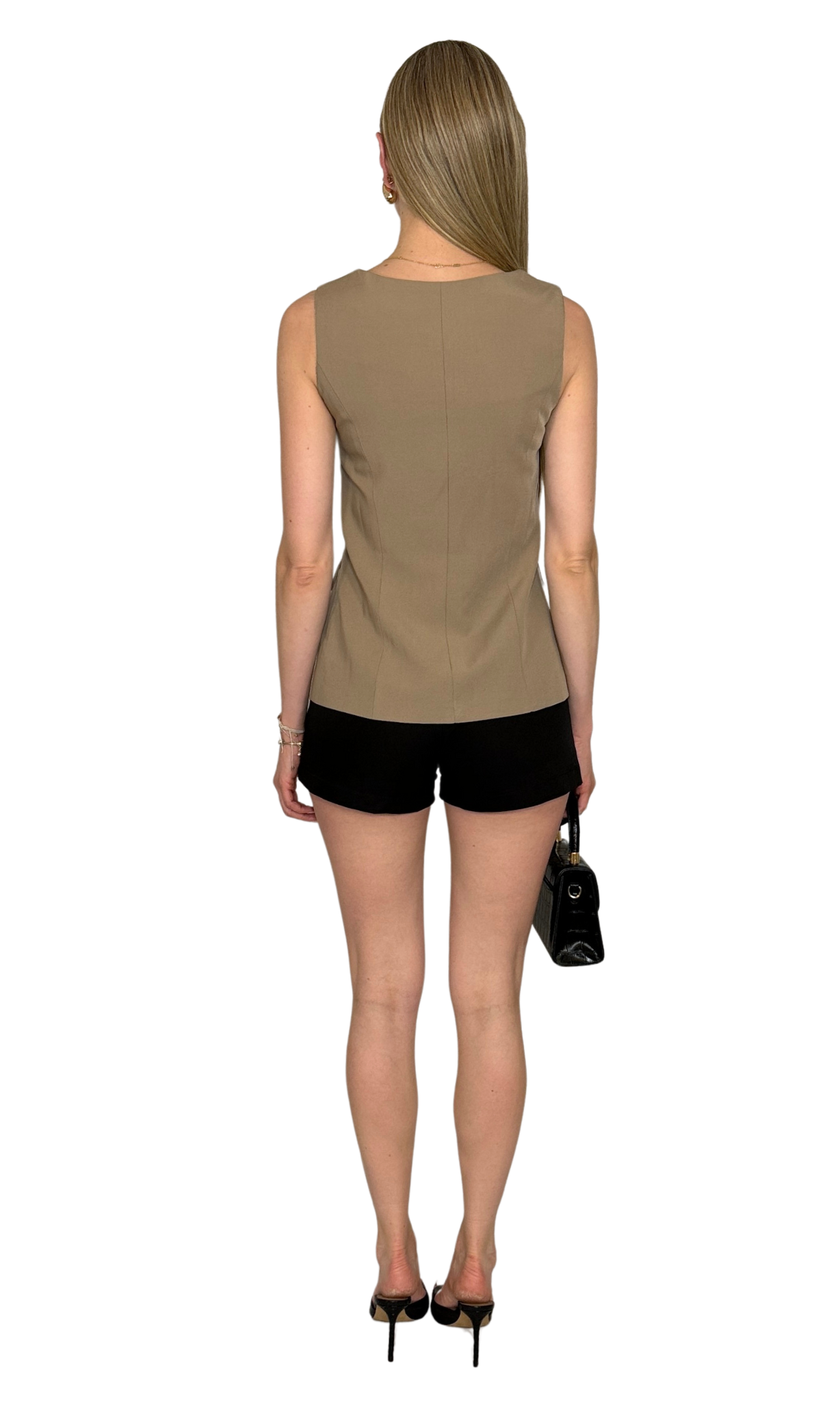 Sleeveless tailored top featuring a square neckline and button-down bustier-style bodice, crafted from high-quality materials for a modern and versatile look — the Emery Tailored Top.