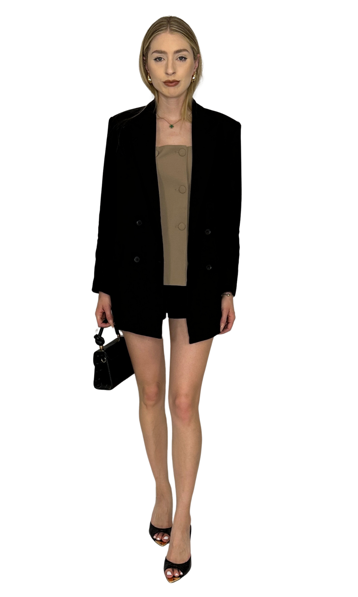 Sleeveless tailored top featuring a square neckline and button-down bustier-style bodice, crafted from high-quality materials for a modern and versatile look — the Emery Tailored Top.