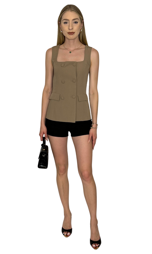 Sleeveless tailored top featuring a square neckline and button-down bustier-style bodice, crafted from high-quality materials for a modern and versatile look — the Emery Tailored Top.