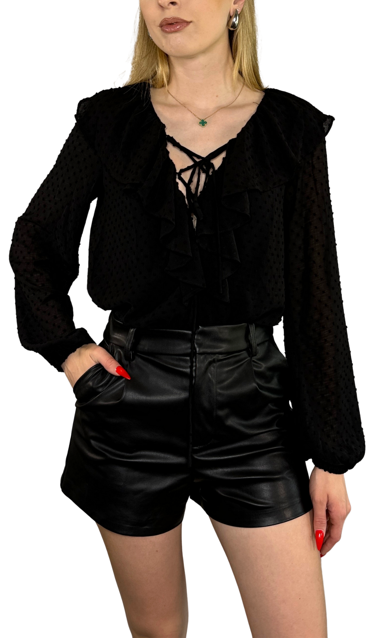 Adjustable Swiss dot blouse with a ruffled lace-up front, elastic sleeves, and a flirty feminine design, available in black and ivory.