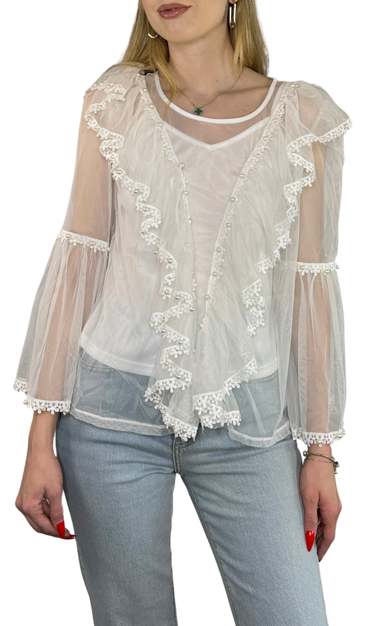 White embroidered top featuring pearl accents on the sleeves and body, paired with a white shell for added coverage and breathable all-day comfort.