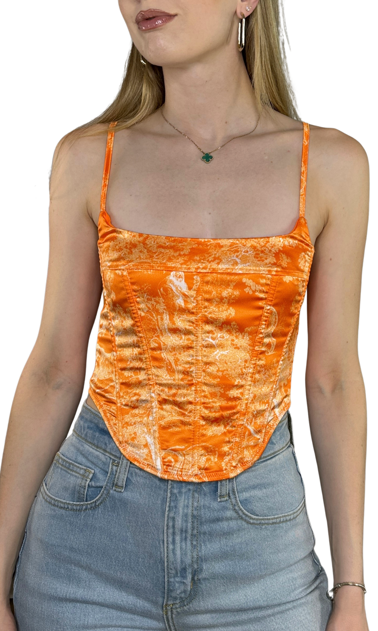 White and orange printed corset top crafted from lightweight fabric, featuring structured boning and a lace-up back for a flattering, statement-making fit.