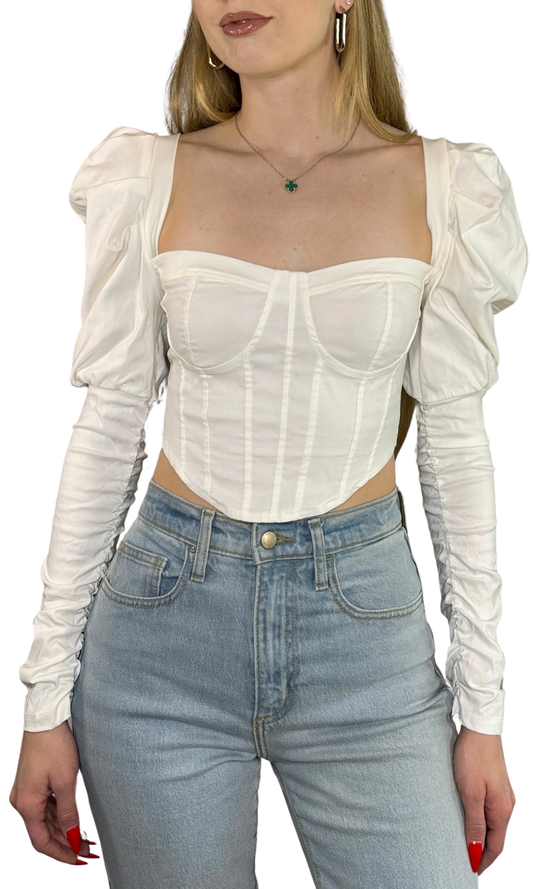 White square neck corset-style top made from soft brushed fabric, featuring puff shoulders, fitted sleeves, and a form-flattering adjustable waist for comfort and style.