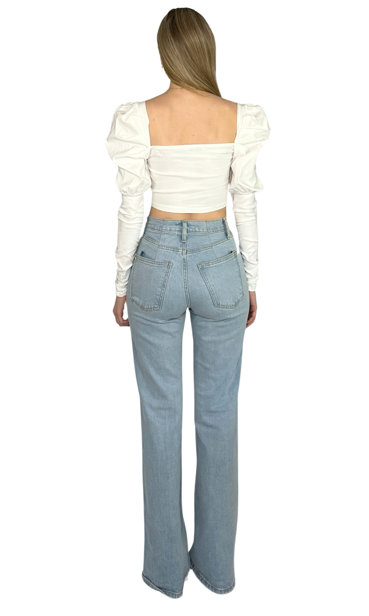 White square neck corset-style top made from soft brushed fabric, featuring puff shoulders, fitted sleeves, and a form-flattering adjustable waist for comfort and style.