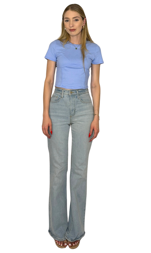 Ribbed cropped t-shirt with short sleeves and corset-style accent stitching along the bust and front for a flattering, structured look.