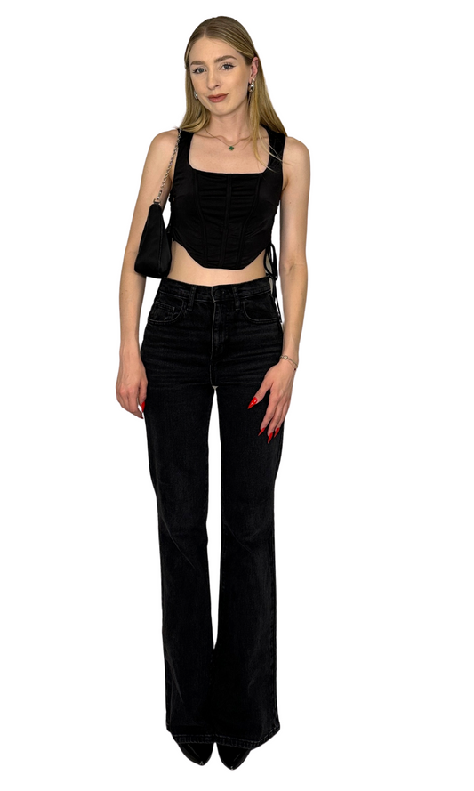 Anya Corset Top in black with flattering lace up side details for an edgy, figure-enhancing look.