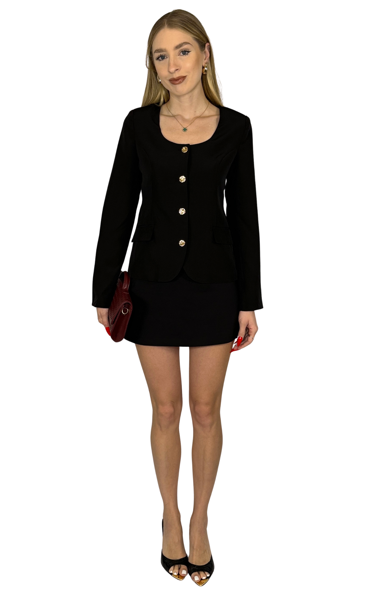 Ashley Blazer featuring an elegant scoop neckline, gold button detailing, long sleeves, and functional welt pockets for a polished day-to-night silhouette.