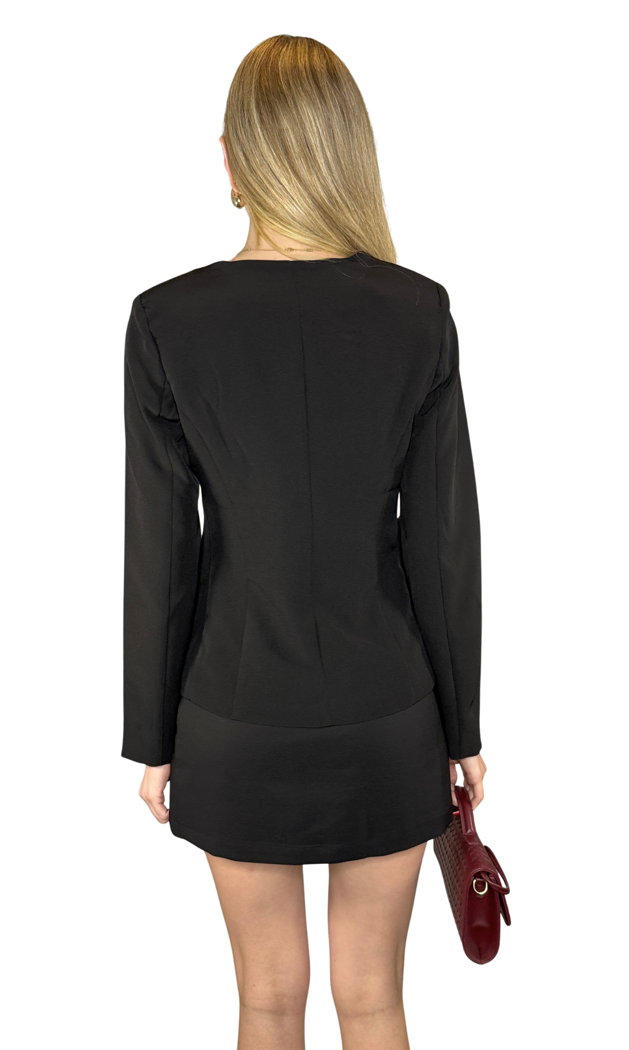 Ashley Blazer featuring an elegant scoop neckline, gold button detailing, long sleeves, and functional welt pockets for a polished day-to-night silhouette.