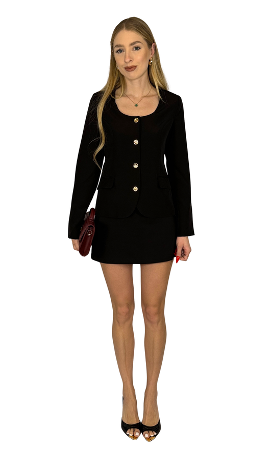 Ashley Blazer featuring an elegant scoop neckline, gold button detailing, long sleeves, and functional welt pockets for a polished day-to-night silhouette.