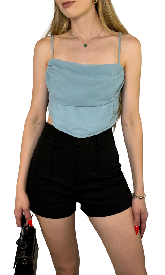 Baby blue corset top featuring a stylish draped front, adjustable straps for comfort, and a hidden zipper at the back for a sleek, secure fit.