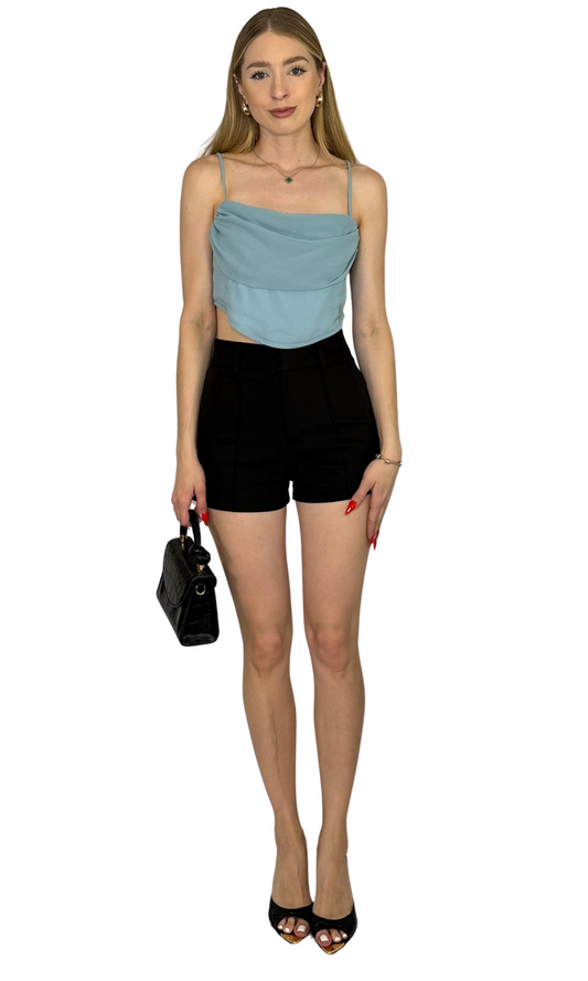 Baby blue corset top featuring a stylish draped front, adjustable straps for comfort, and a hidden zipper at the back for a sleek, secure fit.