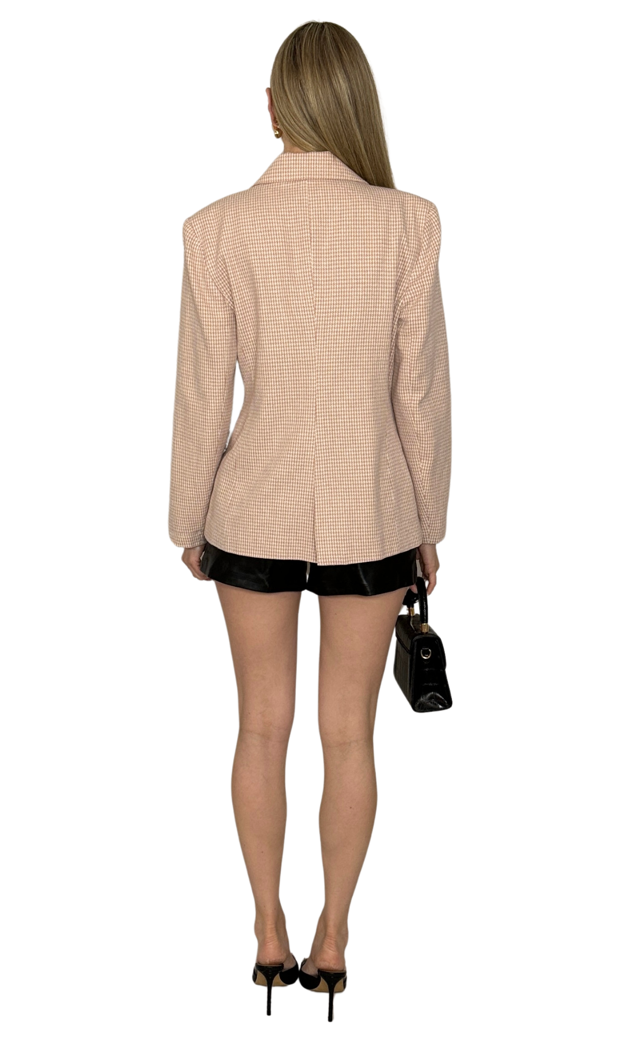Baby pink and white houndstooth double breasted blazer with gold button details, faux front pockets, and padded shoulders for a timeless and versatile look.