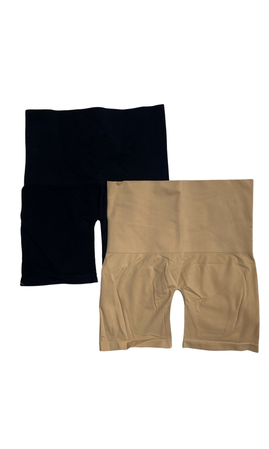Black and beige compression garments on a white background