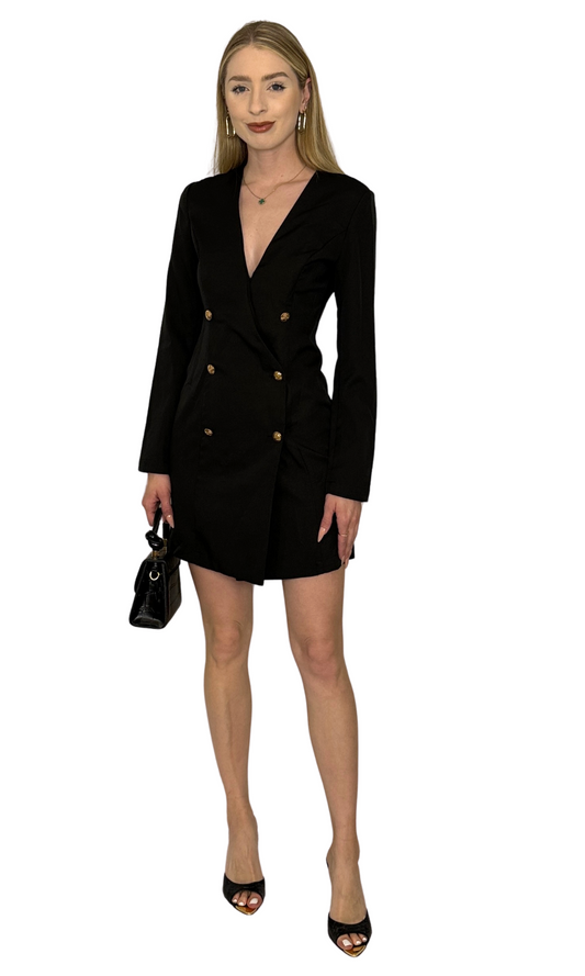 Black blazer-style dress featuring gold accent buttons along the front, offering a classic and versatile statement piece that pairs easily with any style.