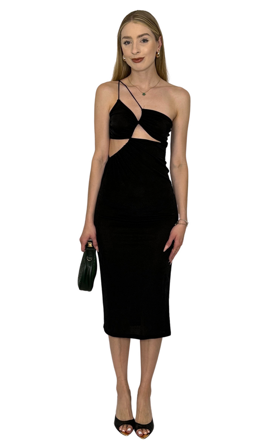 Black one-shoulder strappy dress with front cutouts, semi-sheer and unlined design suitable as beach cover-up or with layered undergarments