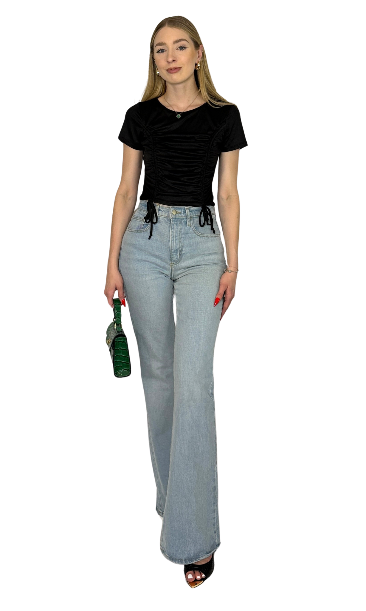 Black ribbed top featuring front ruching with adjustable ties on both sides, a crew neckline, and short sleeves, crafted in stretch fabric for a flattering day-to-night fit.