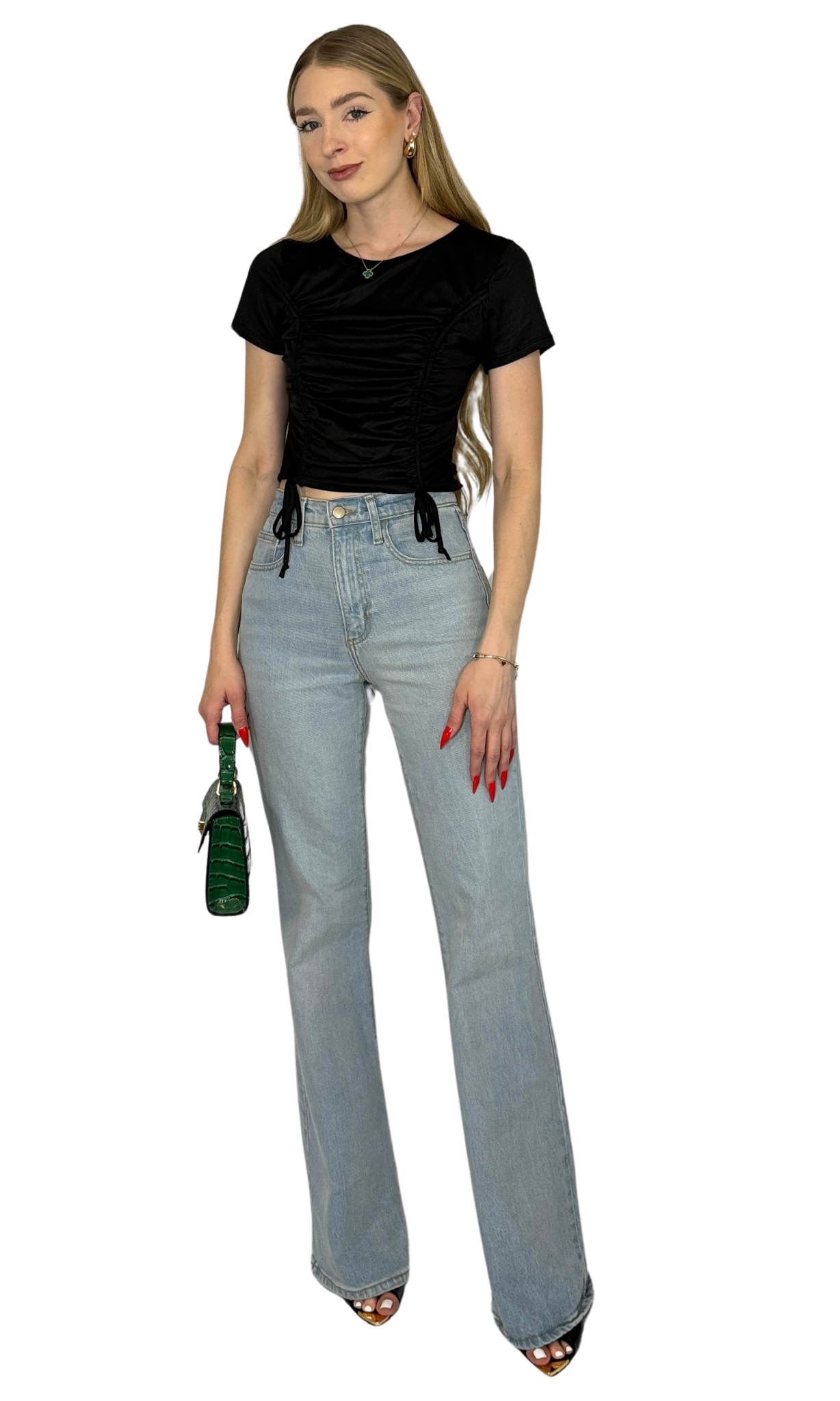 Black ribbed top featuring front ruching with adjustable ties on both sides, a crew neckline, and short sleeves, crafted in stretch fabric for a flattering day-to-night fit.