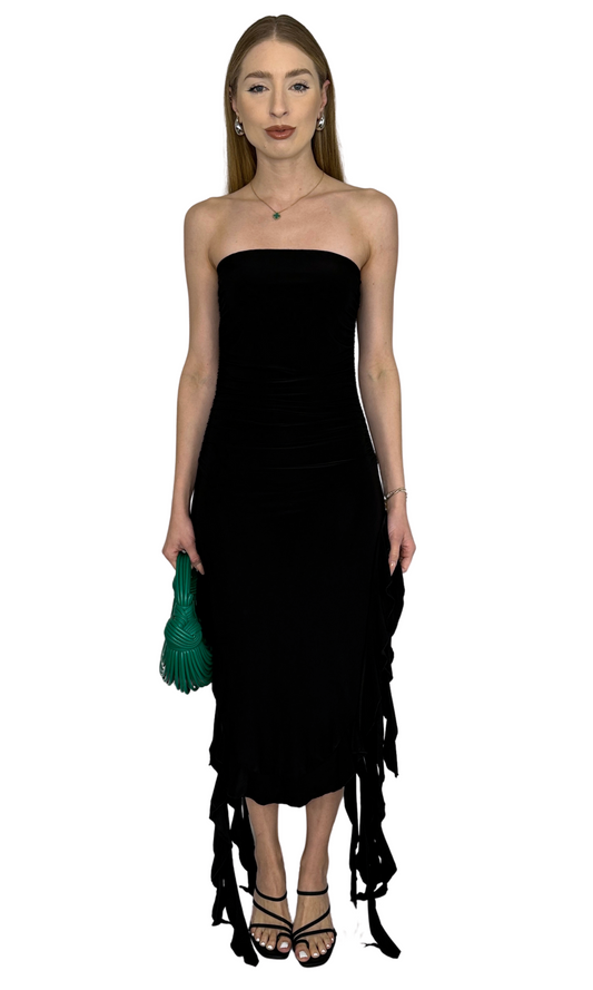 Black strapless tube dress with ruffle skirt and dramatic side slits – form-fitting silhouette for evening wear