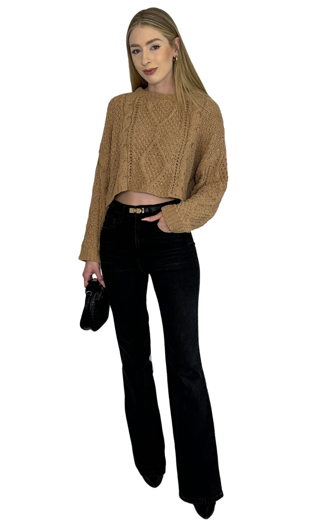 Brown cable knit cropped sweater featuring a textured knit design and long sleeves for warmth and style — the Kendra Cable Knit Sweater.