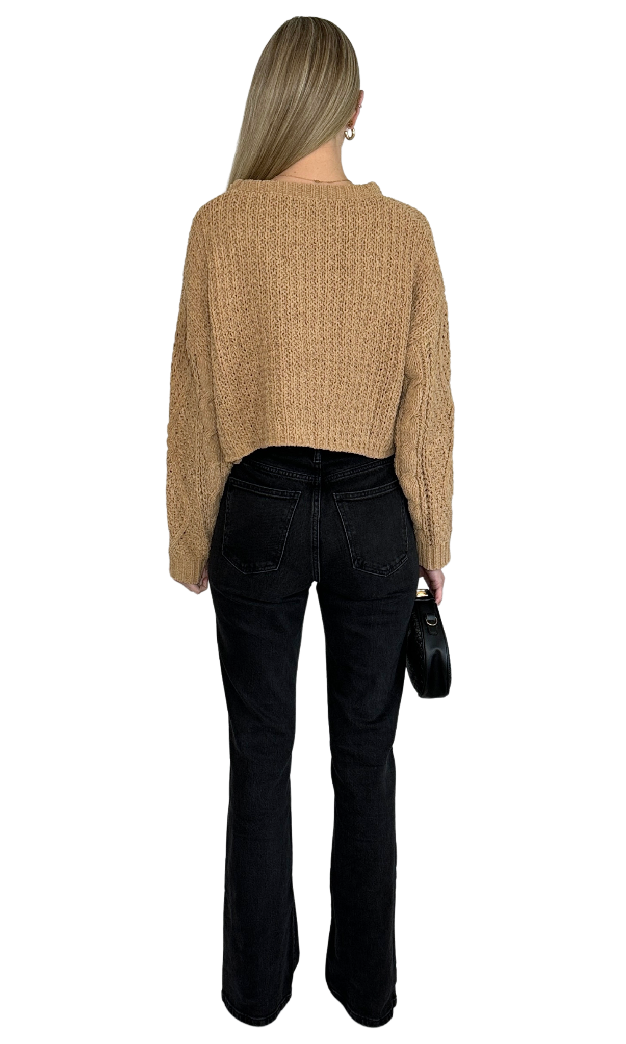 Brown cable knit cropped sweater featuring a textured knit design and long sleeves for warmth and style — the Kendra Cable Knit Sweater.