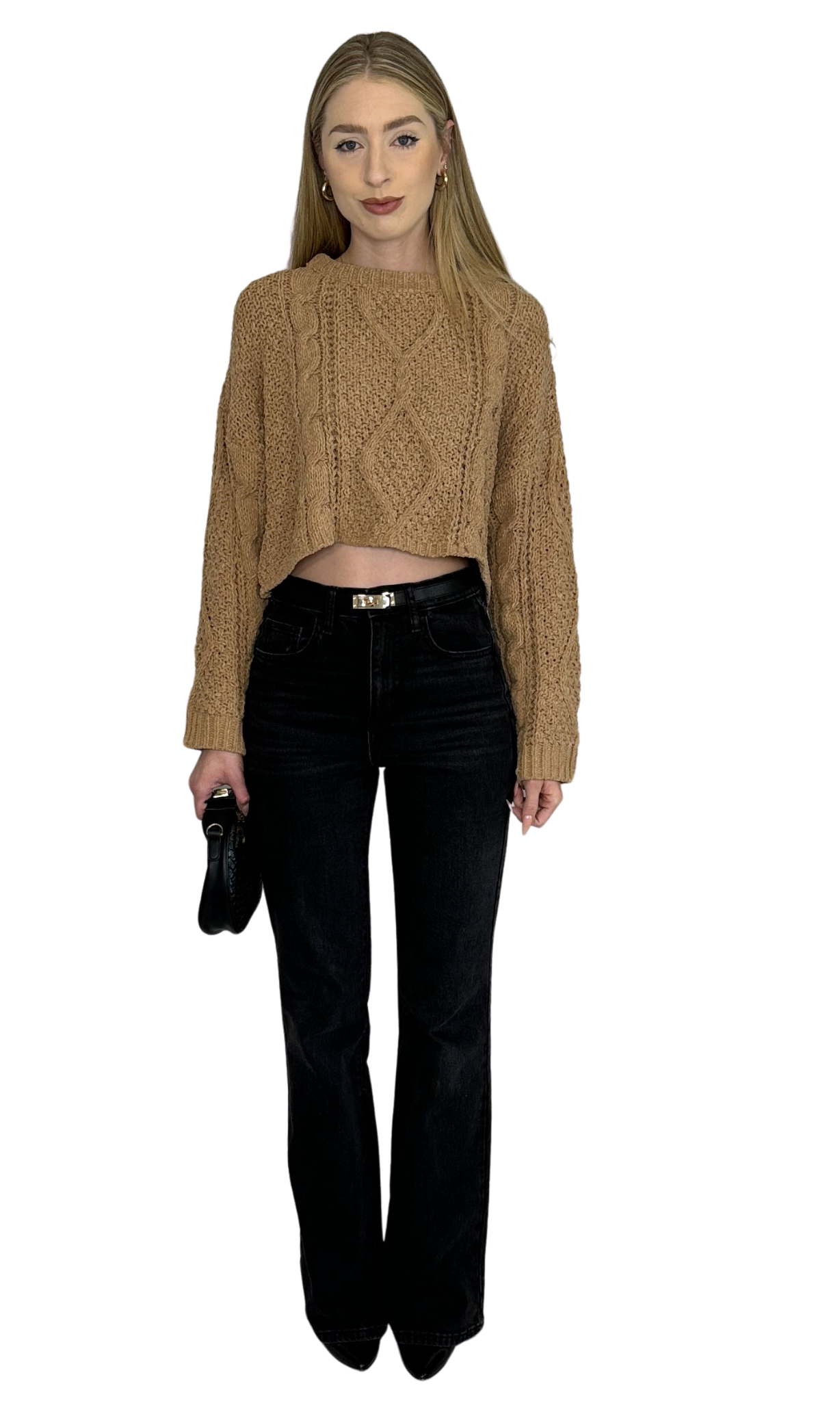 Brown cable knit cropped sweater featuring a textured knit design and long sleeves for warmth and style — the Kendra Cable Knit Sweater.
