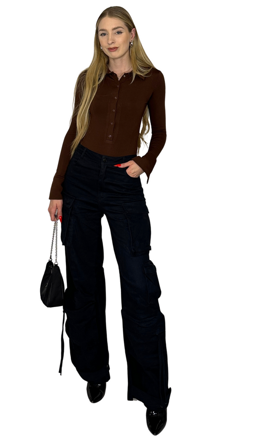 Brown long sleeve bodysuit with snap button front, flared snap sleeves, and snap closure at the crotch, made from lightly fleece-lined fabric for warmth and year-round versatility.