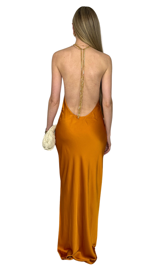 Burnt orange maxi dress with gold chain neck closure – slip-on style, elegant and luxurious design