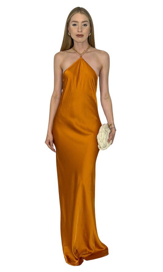 Burnt orange maxi dress with gold chain neck closure – slip-on style, elegant and luxurious design