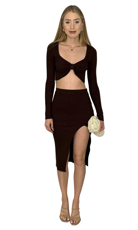 Women's chocolate brown ribbed knit set with twisted front long sleeve top and front slit midi skirt – cozy and stylish outfit