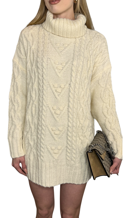 Cream thick turtleneck knit sweater dress with a classic silhouette, designed to flatter any body type and perfect for dressing up or down.