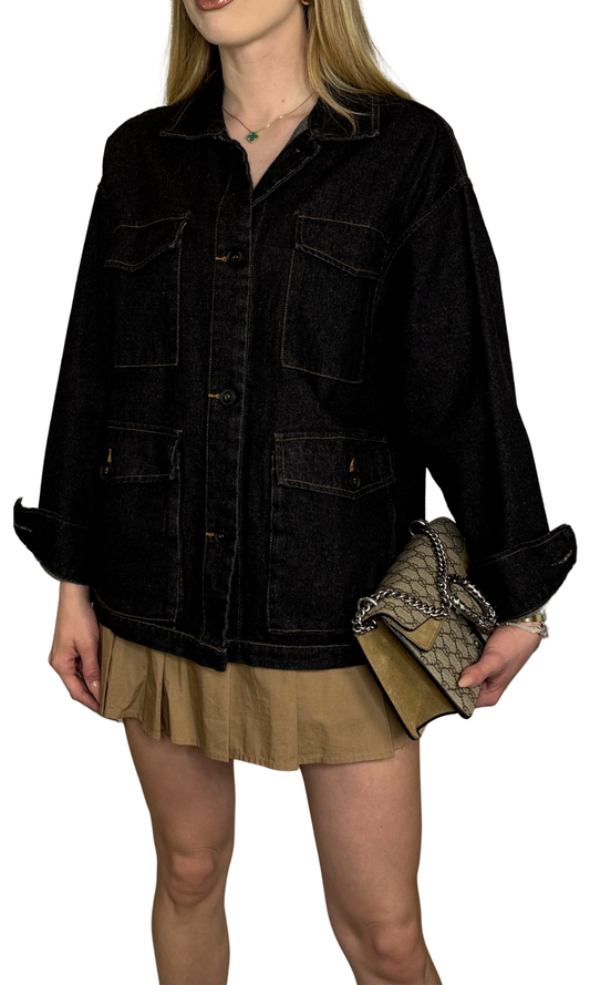 Dark wash denim jacket with a worn-in look, four front cargo pockets, and a casual relaxed fit for everyday style.