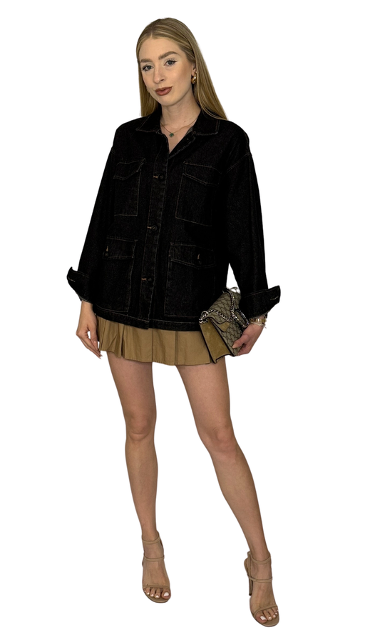 Dark wash denim jacket with a worn-in look, four front cargo pockets, and a casual relaxed fit for everyday style.