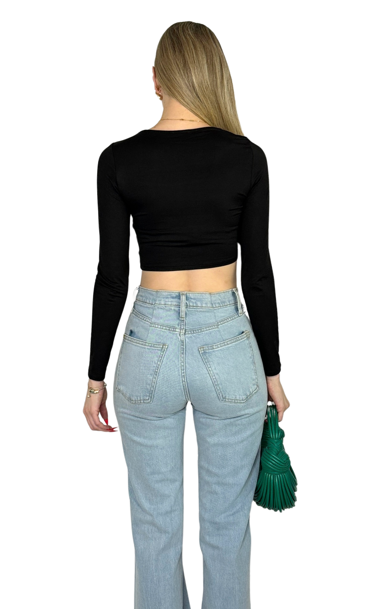 Double lined long sleeve crop top with front slit detail in lightweight fabric, offering a snug yet comfortable fit.