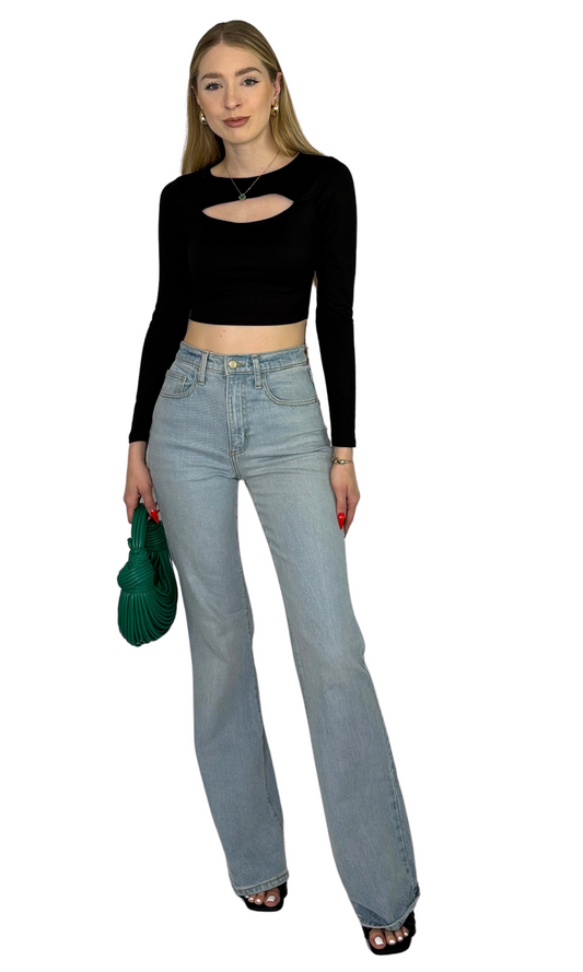 Double lined long sleeve crop top with front slit detail in lightweight fabric, offering a snug yet comfortable fit.